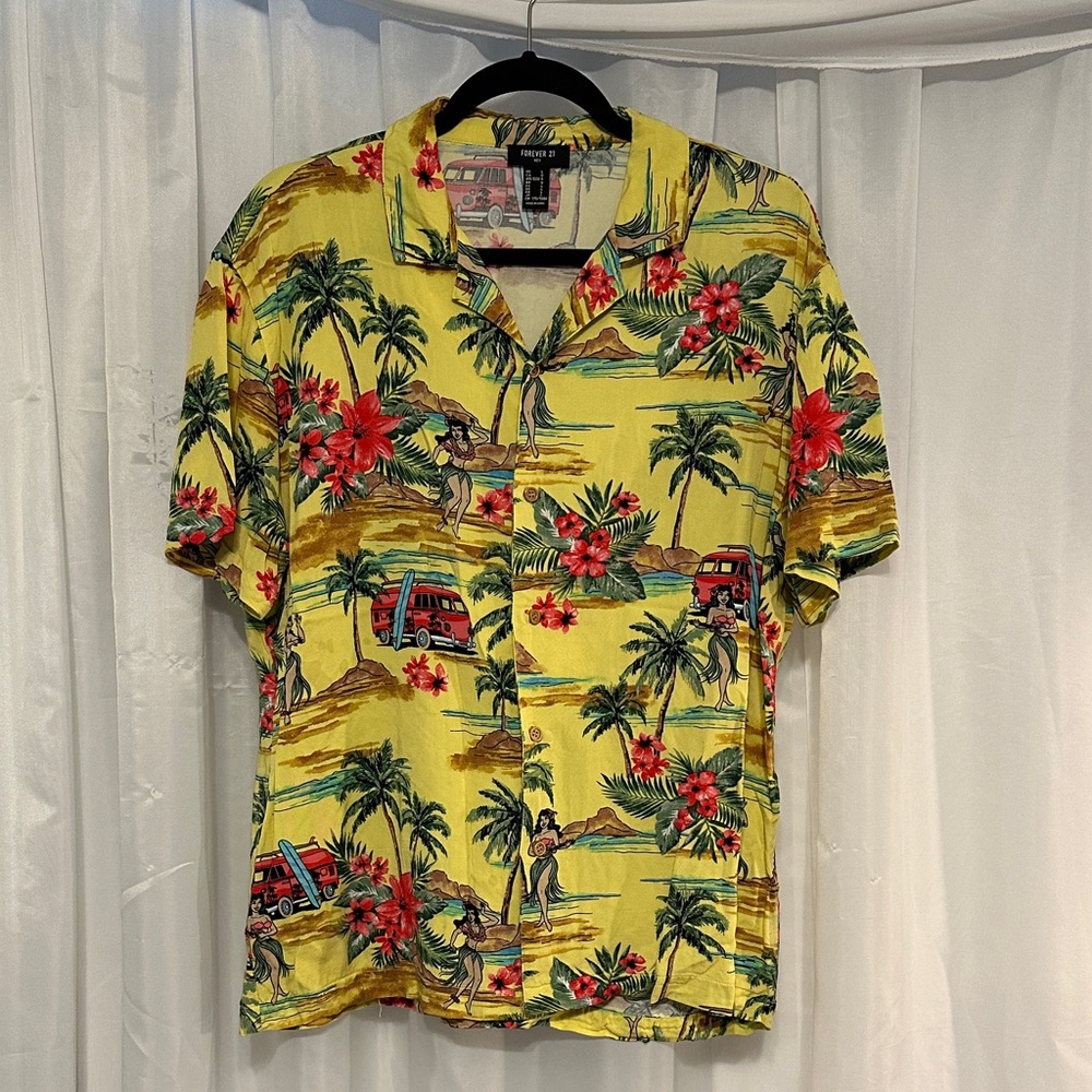 Forever 21 Yellow Tropical Print Shirt